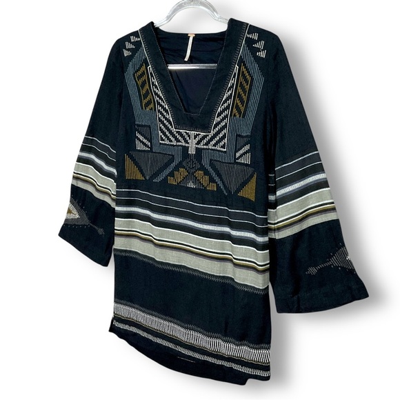 Free People Sundown Mini Shift Dress Sz S Embroidered Aztec Navy Blue - Picture 7 of 12